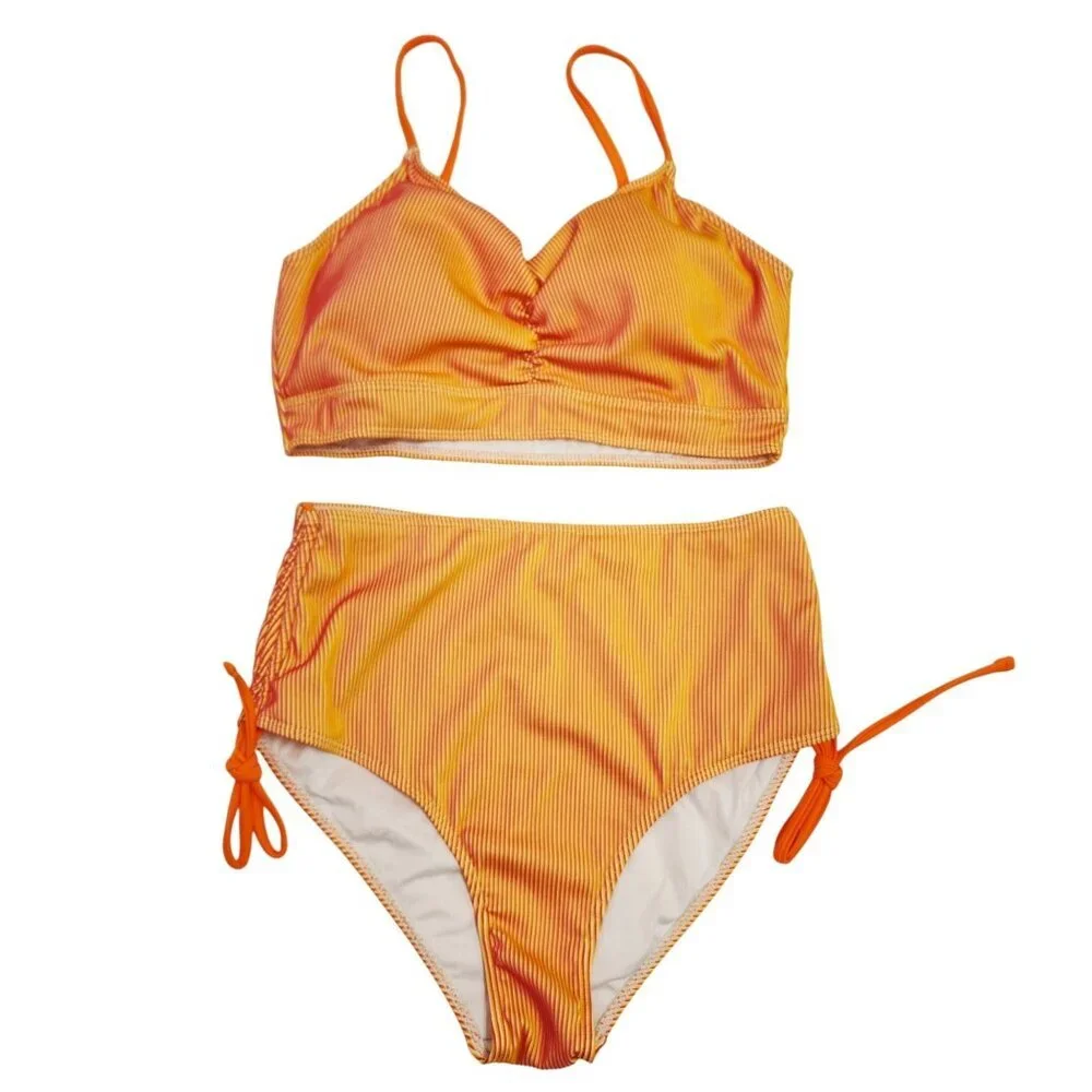 Orange & Yellow Striped High-Waisted Bikini Set Swimsuit Ruched Top Size L